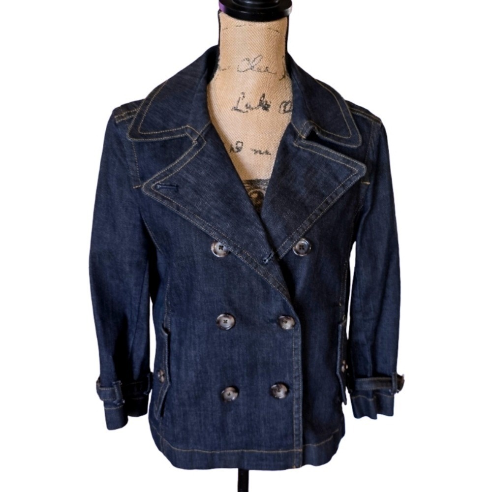 Ann Taylor Womens Indigo Denim Double Breasted Pea Coat Jacket Dark Wash Small